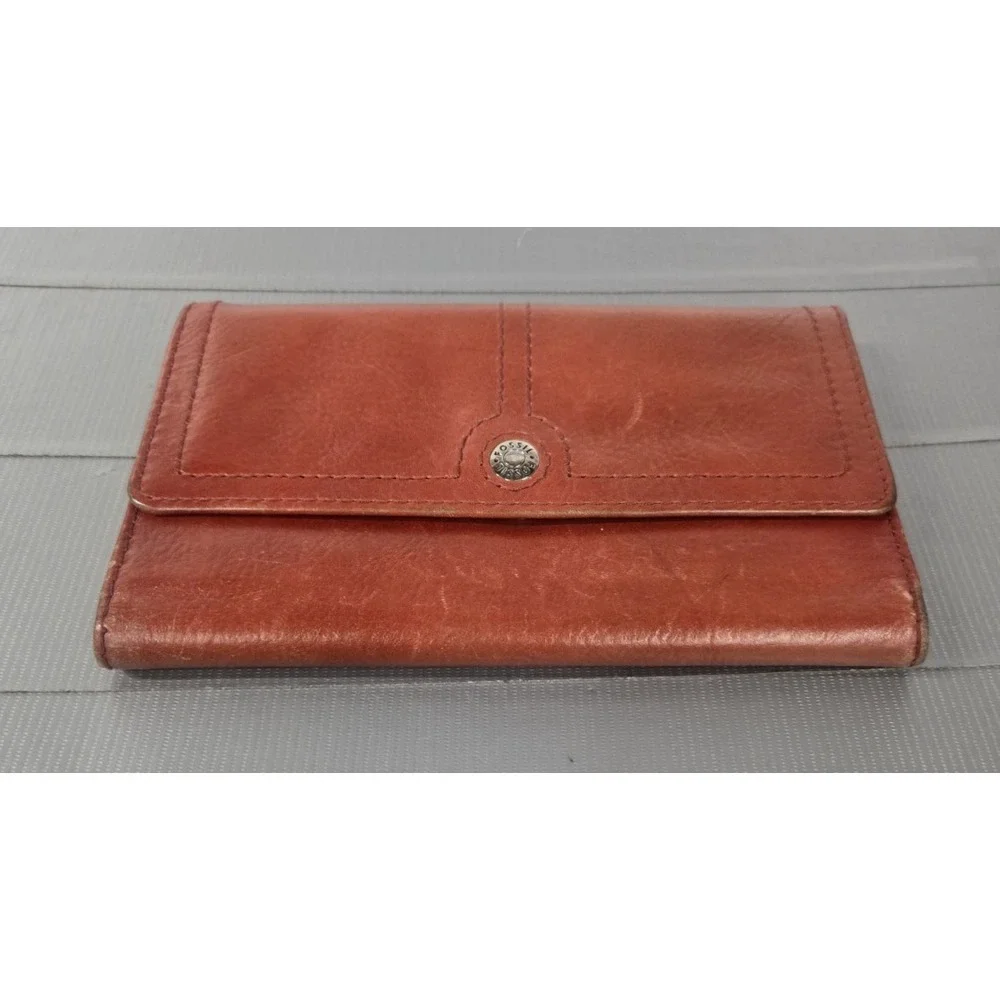 Designer Wallet FOSSIL Brick Red Leather Checkbook Wallet Silver Tone Metal
